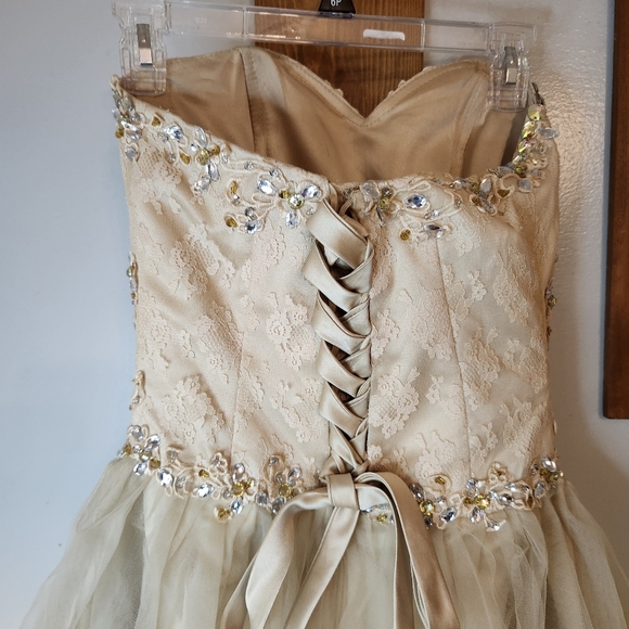 Gold Short Corset Back Jeweled Strapless Formal Dress - Picture 5 of 10